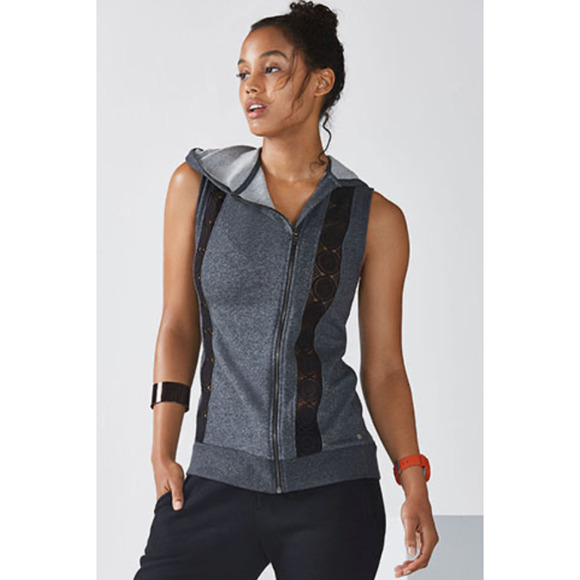 Fabletics Vest Womens M Medium Asymmetric Zip Lace Inserts Gray Hoodie Saige - Picture 13 of 14